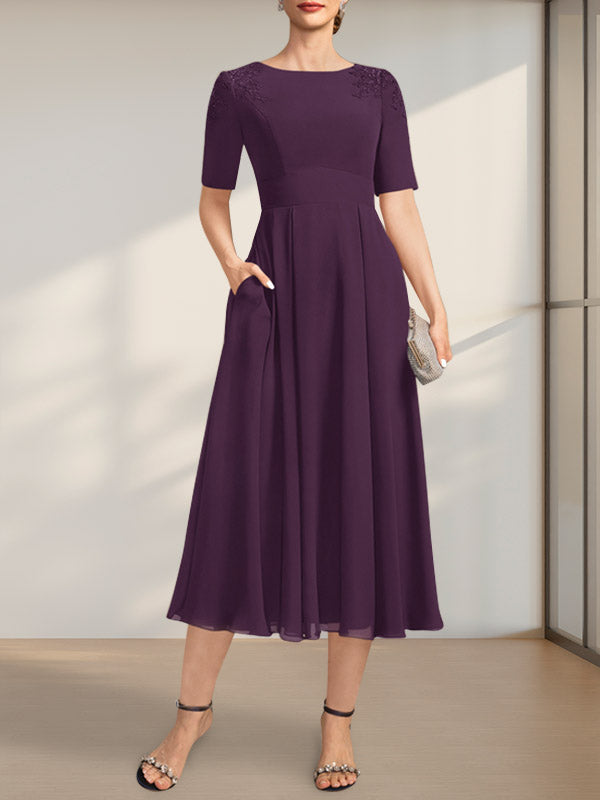 Vestido de gasa para madre de la novia, corte A, escote redondo, largo hasta la rodilla, con apliques de encaje y lentejuelas