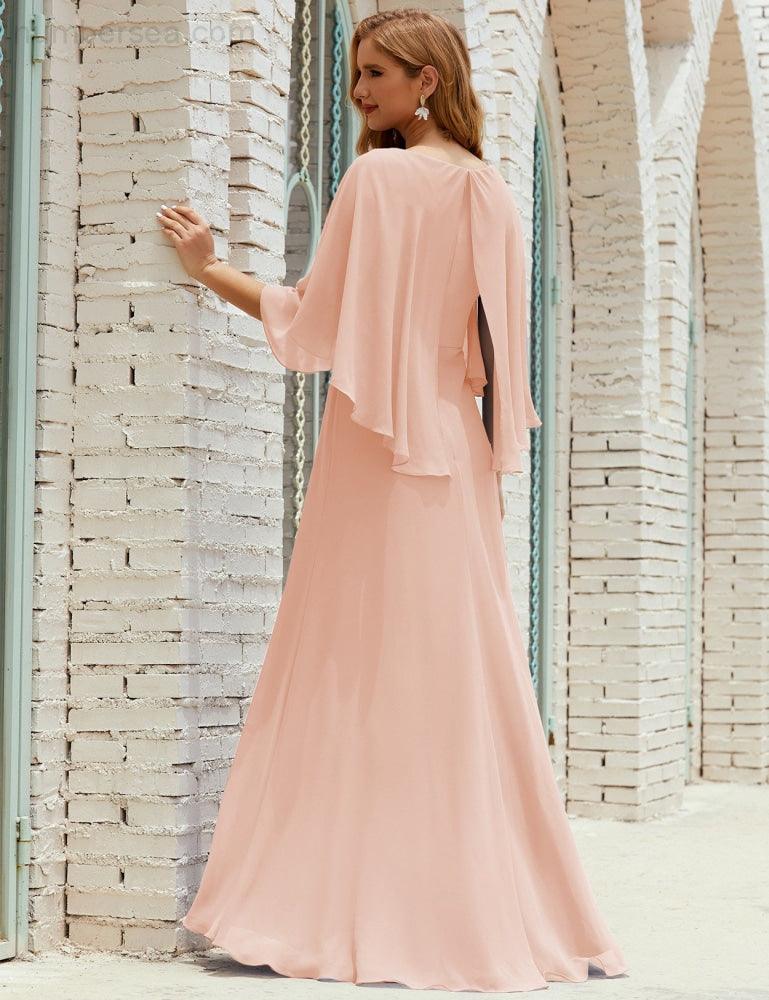 Vestido de dama de honor Sunnderly para mujer, de gasa, manga larga y cuello en V, vestido formal para boda o fiesta SY28018 