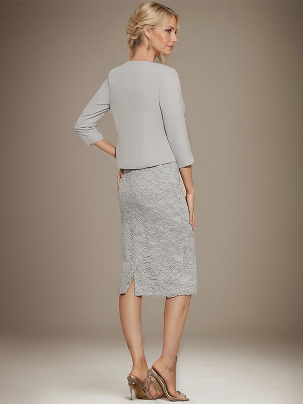 Vestido de gasa con encaje y cuentas para madre de la novia, largo hasta la rodilla, con escote redondo y corte columna