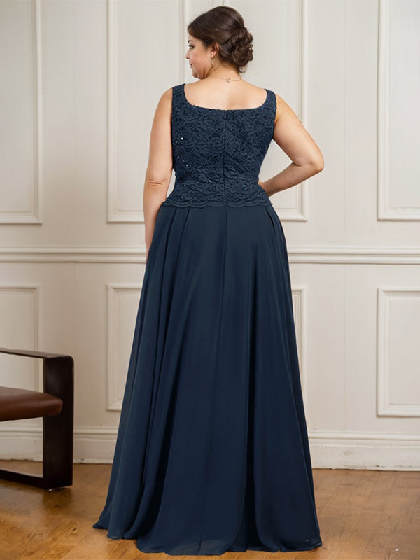 Vestido de madre de la novia de gasa con encaje, corte A, largo hasta el suelo, cuadrado y lentejuelas