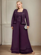Vestido de madre de la novia de gasa con encaje y lentejuelas, largo hasta los tobillos, con mono/pantalón separado