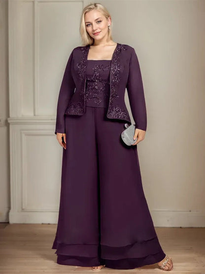 Separates Jumpsuit/Hosenanzug Quadratisches Knöchellanges Spitzenchiffonkleid für die Brautmutter mit Pailletten 