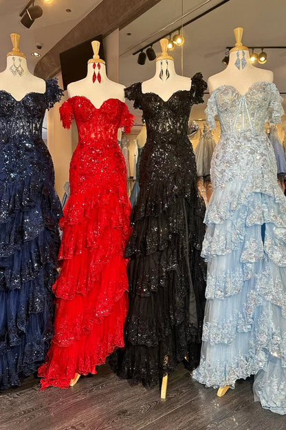 Kennedy | Vestido de fiesta largo de encaje con hombros descubiertos (espalda con cordones)