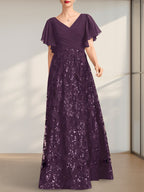 A-Linie V-Ausschnitt Bodenlang Spitze Pailletten Chiffon Mutter der Braut Kleid Mit Plissee