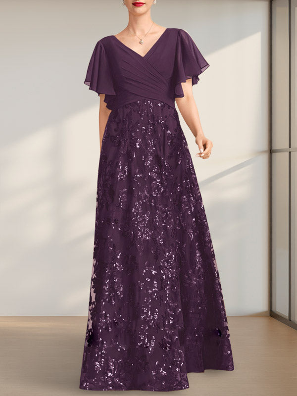 Vestido de madre de la novia de gasa con lentejuelas, encaje, escote en V y largo hasta el suelo, con pliegues