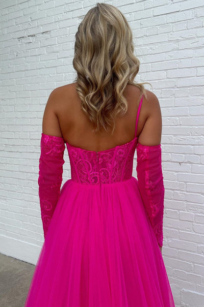 Madilyn |A-line One Shoulder Lace Tulle Prom Dress with Slit