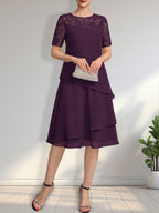 Vestido de gasa con encaje y lentejuelas para madre de la novia, corte A, escote ilusión, largo hasta la rodilla