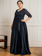 A-Linie V-Ausschnitt Bodenlanges Satin-Spitzenkleid für die Brautmutter mit Paillettenschleife 