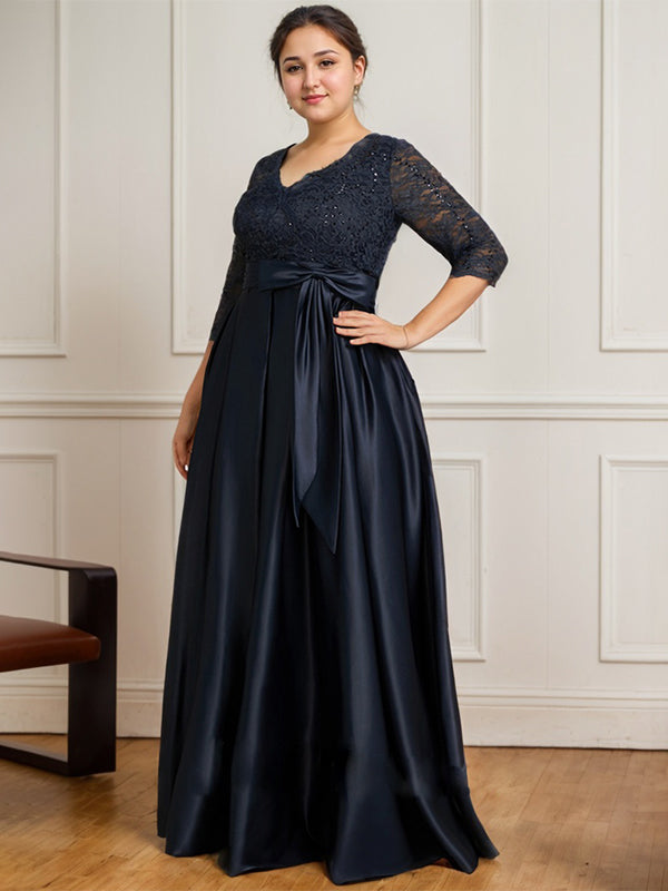 A-Linie V-Ausschnitt Bodenlanges Satin-Spitzenkleid für die Brautmutter mit Paillettenschleife 