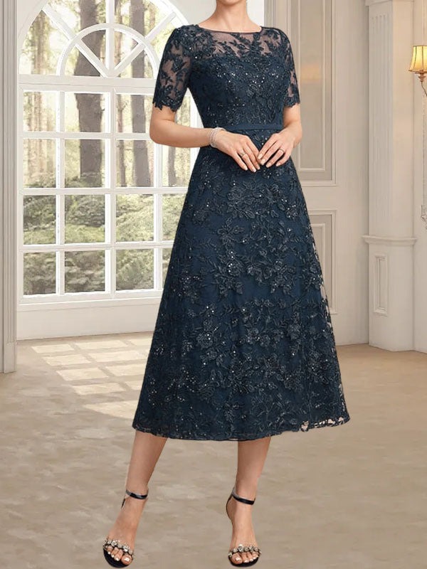 Vestido de madre de la novia de encaje con lentejuelas, corte A, escote ilusión y largo hasta la rodilla