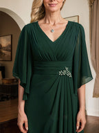 Vestido de gasa para madre de la novia, con escote en V, largo hasta el suelo, con lentejuelas plisadas y abalorios