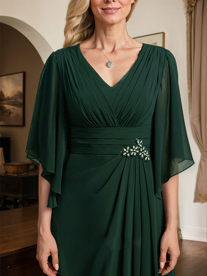 Etui-Linie/Säule V-Ausschnitt Bodenlang Chiffon Kleid für die Brautmutter mit Plissee Pailletten Perlenbesatz