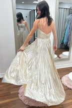 Madalyn| Metallic Keyhole Spaghetti Strap Long Prom Dress with Slit