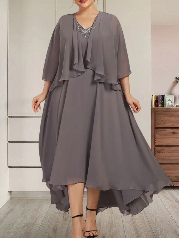 A-Linien-Kleid mit V-Ausschnitt, asymmetrischem Chiffon für die Brautmutter mit Perlen und Pailletten