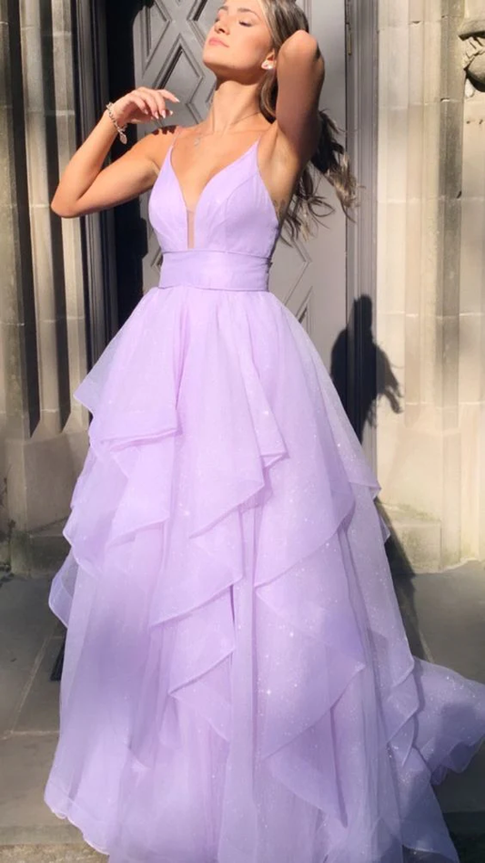 Lila V-Ausschnitt Abendkleid Elegantes Ballkleid Y43