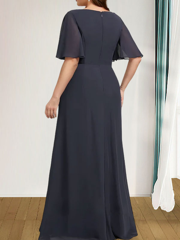 Vestido de gasa para madre de la novia, corte A, escote redondo, largo hasta el suelo, con volantes en cascada, cuentas y lentejuelas