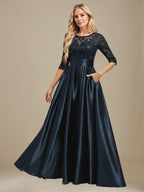 Vestido de madre de la novia de satén elástico con encaje, corte A, escote ilusión, largo hasta el suelo, con lazo y lentejuelas