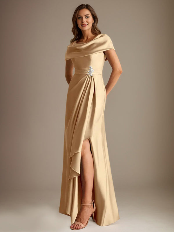 Vestido de madre de la novia de satén elástico, corte A, largo hasta el suelo, con escote redondo y volantes en cascada