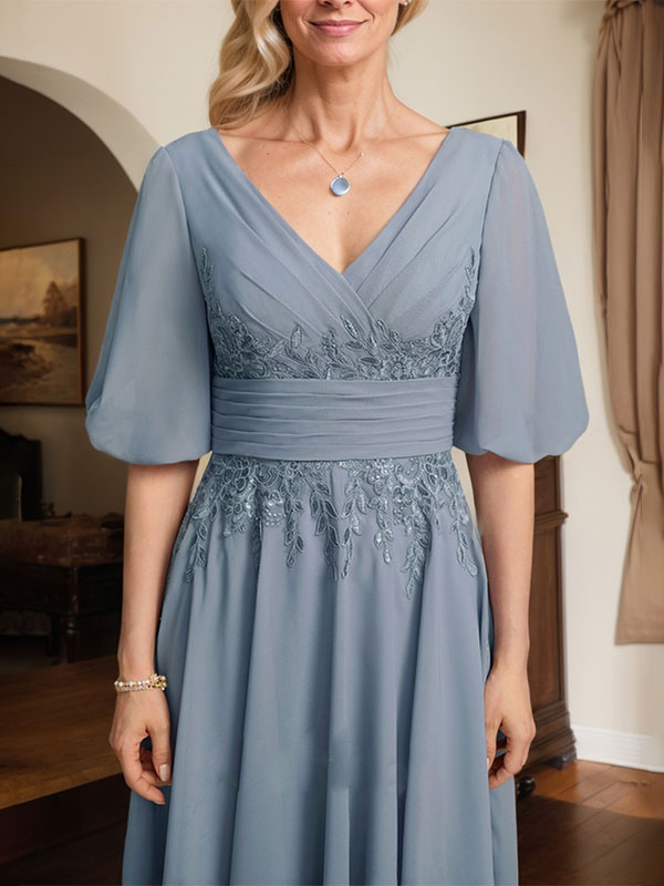 A-Linie V-Ausschnitt Wadenlanges Chiffon-Kleid für die Brautmutter mit Plissee