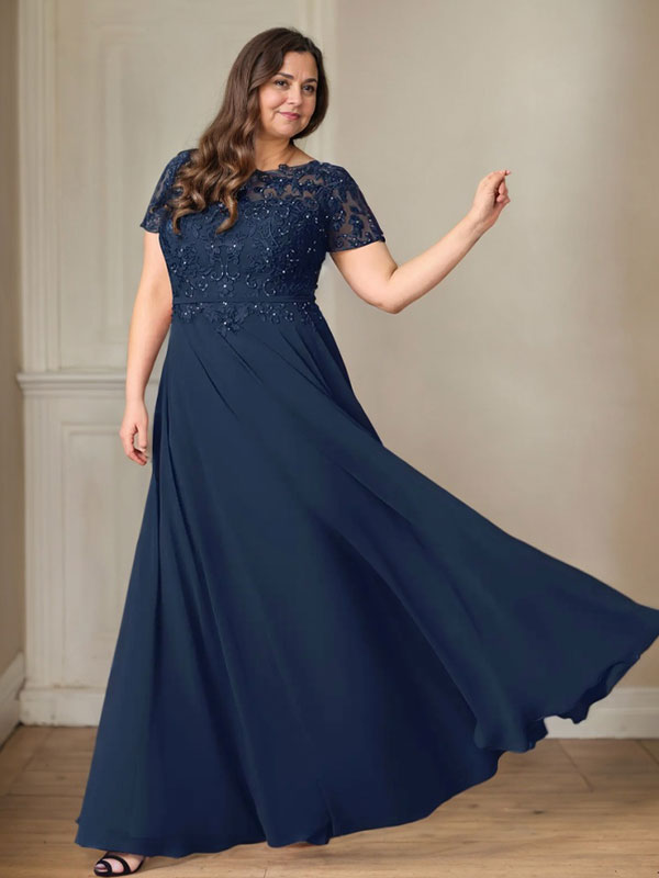 Vestido de gasa azul marino oscuro con escote barco, lentejuelas y corte en A
