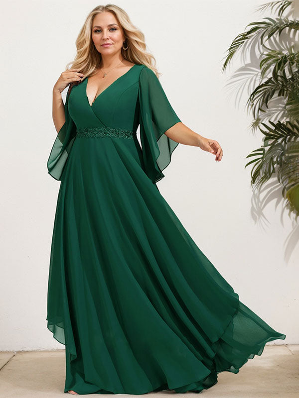 Vestido de gasa para madre de la novia, corte A, escote en V, largo hasta el suelo, con apliques de lentejuelas, encaje y abalorios