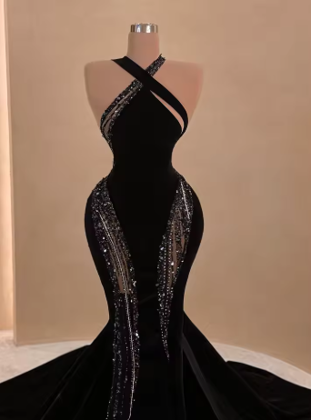 Sexy Schwarzes Meerjungfrau Langes Ballkleid mit Schleppe, Schickes Schwarzes Abendkleid Y4178