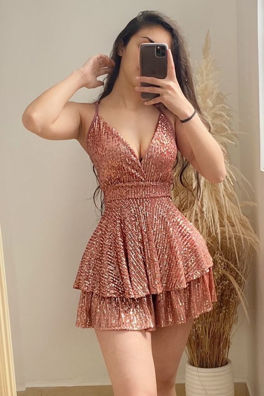 A-Linie V-Ausschnitt Pailletten Homecoming Kleid, Abschlusskleid Y2550