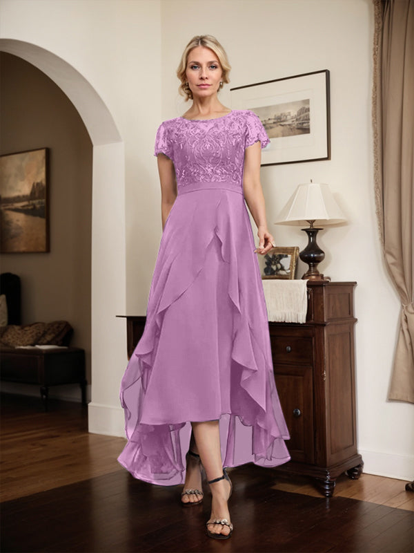 Vestido de madre de la novia de gasa asimétrica con escote en A, ilusión, encaje, lazo, volante y lentejuelas