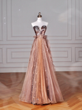 Vintage Rose Gold Trägerloses Tüll Pailletten Perlen A Linie Ballkleid Abendkleid Y8622