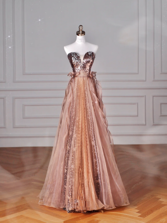 Vintage Rose Gold Strapless Tulle Sequins Beaded A Line Prom Dress Evening Dress Y8622