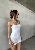 Vestido blanco ajustado con fruncido, minivestido de fiesta Y2443