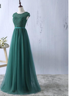 Vestido de noche largo con cuello redondo y encaje de tul verde, vestido formal sencillo S6796