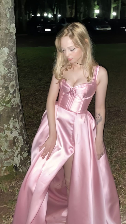 Schlichtes Rosa A-Linie Satin Partykleid Seitenschlitz Ballkleid Abendkleid Y8563
