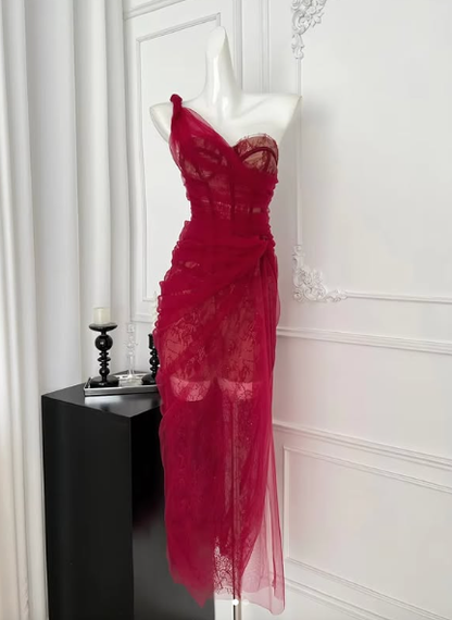 Hermoso vestido de fiesta de tul burdeos con encaje, vestido de noche Y8506
