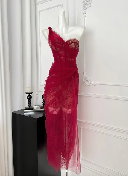 Hermoso vestido de fiesta de tul burdeos con encaje, vestido de noche Y8506