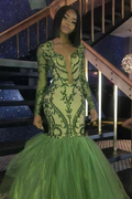 Grüne Pailletten Ballkleider, Sexy Meerjungfrau Lange Ärmel Abendkleider Y1456