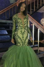 Grüne Pailletten Ballkleider, Sexy Meerjungfrau Lange Ärmel Abendkleider Y1456