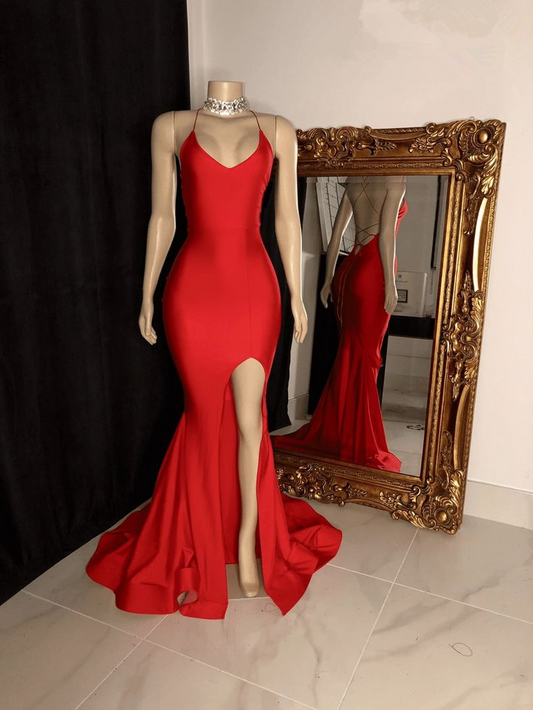 Vestido de noche sencillo rojo de corte sirena con abertura Y381