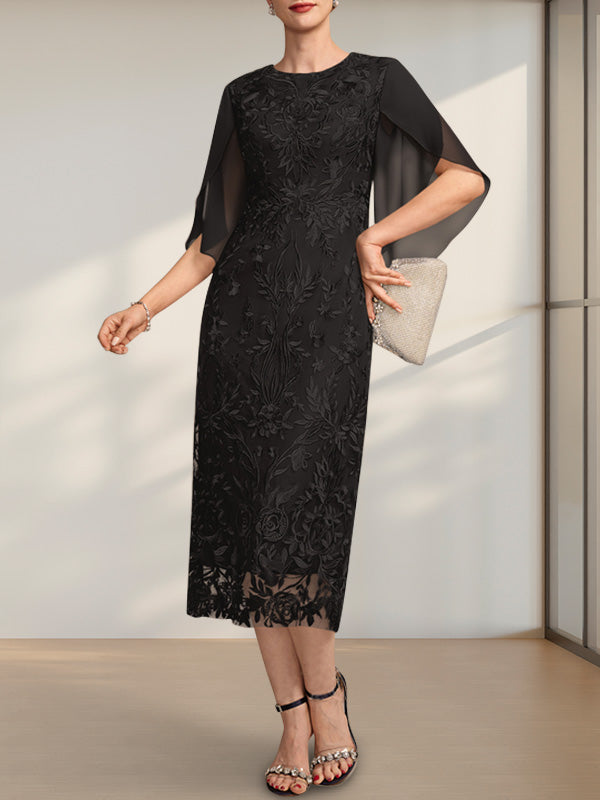 Vestido para madre de la novia de gasa con encaje, corte tubo, escote redondo y largo hasta la rodilla