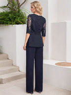 Jumpsuit/Pantsuit Separates Scoop Floor-Length Chiffon Lace Mother of the Bride Dress With Sequins