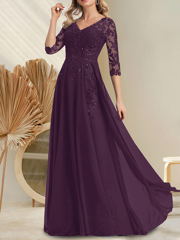 A-Linie V-Ausschnitt Bodenlanges Spitzenchiffonkleid für die Brautmutter mit Pailletten
