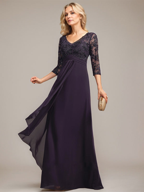 A-Linie V-Ausschnitt Bodenlanges Spitzen-Chiffon-Kleid für die Brautmutter mit kaskadierenden Rüschen und Pailletten 