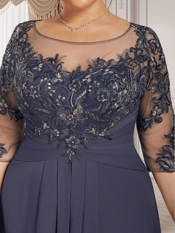 A-line Scoop Illusion Floor-Length Lace Chiffon Mother of the Bride Dress With Cascading Ruffles