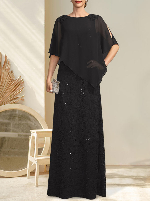 Vestido de madre de la novia de gasa con encaje, escote redondo y largo hasta el suelo, con lentejuelas y abalorios