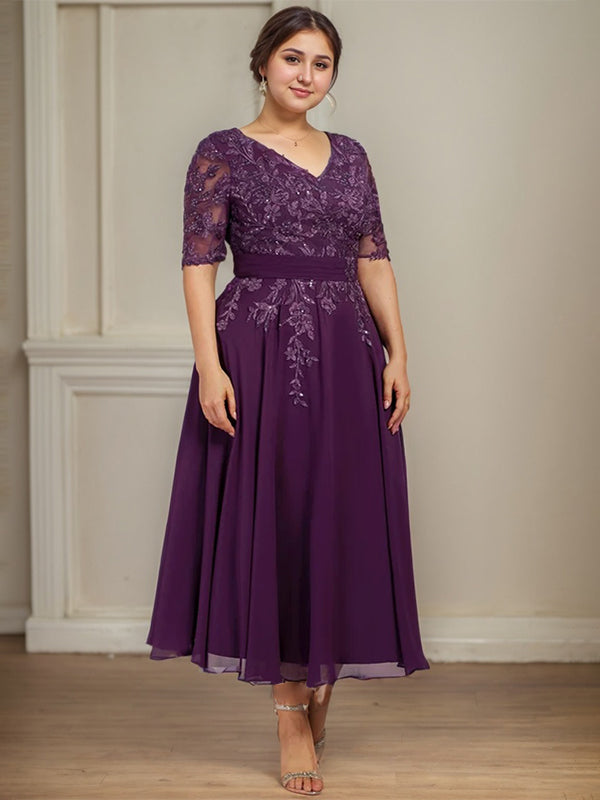 Vestido de gasa con encaje y lentejuelas para madre de la novia, corte A, escote en V y largo hasta la rodilla