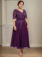 Vestido de gasa con encaje y lentejuelas para madre de la novia, corte A, escote en V y largo hasta la rodilla