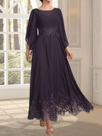 Vestido de gasa con encaje y lentejuelas para madre de la novia, corte A, escote ilusión, largo hasta los tobillos
