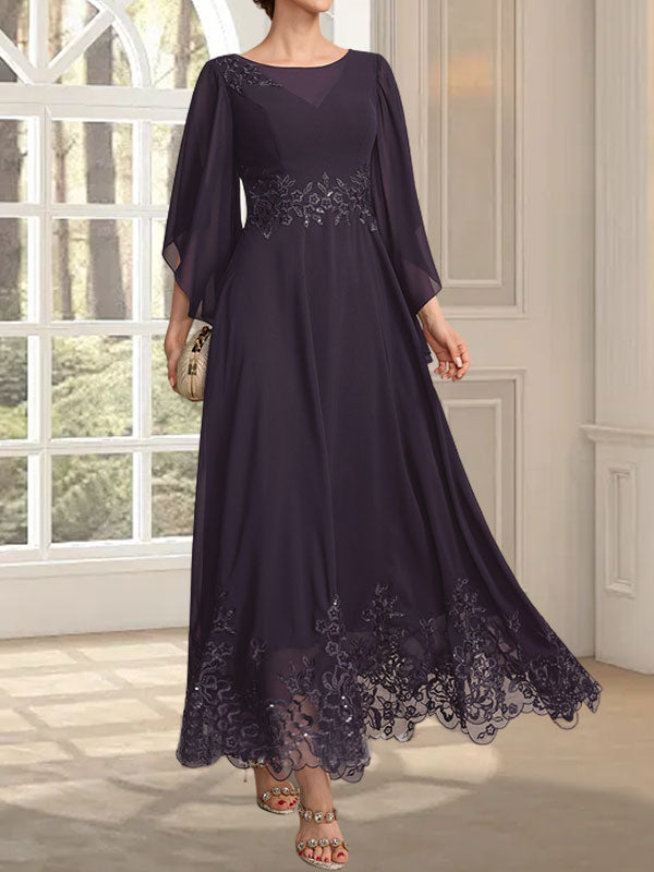 A-line Scoop Illusion Ankle-Length Lace Chiffon Mother of the Bride Dress With Sequins