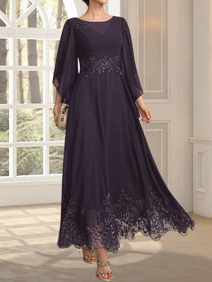 A-line Scoop Illusion Ankle-Length Lace Chiffon Mother of the Bride Dress With Sequins