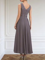 Vestido de gasa para madre de la novia, corte A, escote en V, largo hasta los tobillos, con apliques de lentejuelas, encaje y cuentas